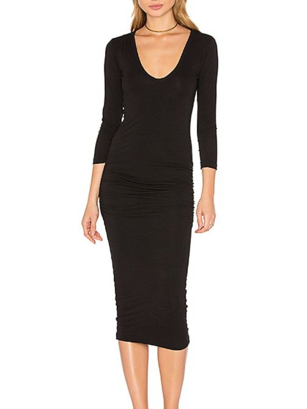 Standard James Perse Black Ruched Midi Dress | Size 3 (US L)